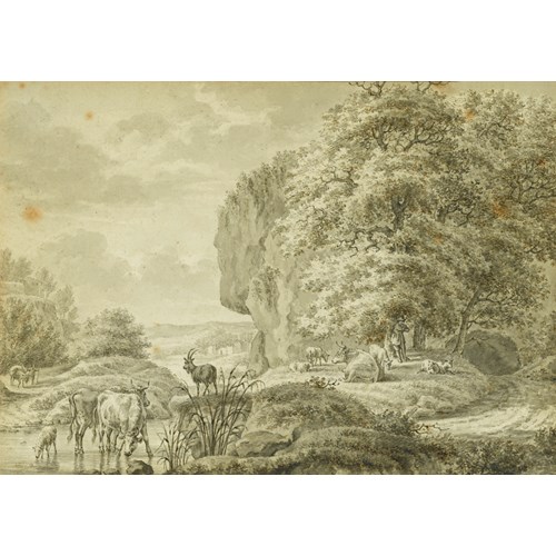 A Swineherd with Three Pigs on a Track, a Windmill Beyond & A Peasant Watering his Animals at a Ford